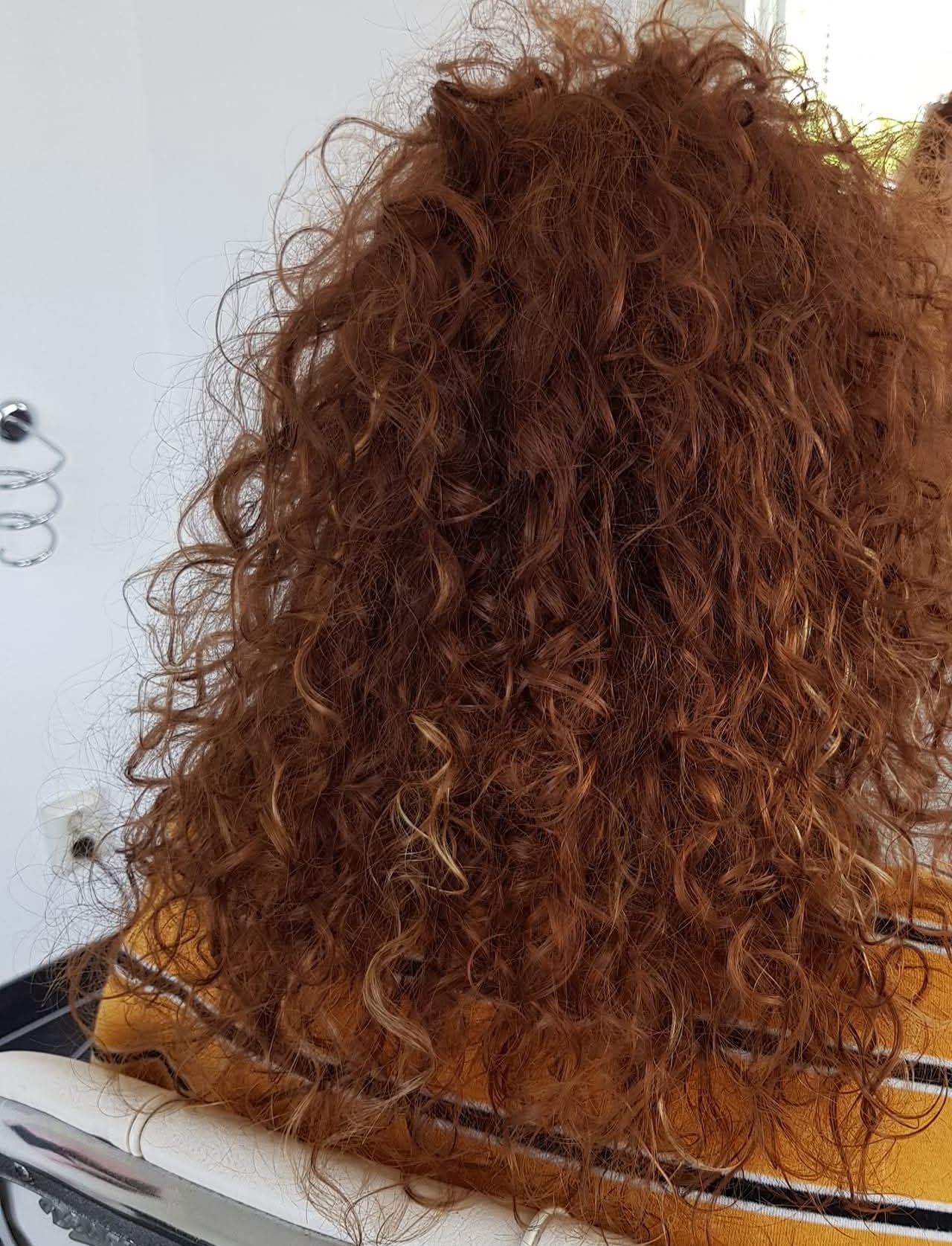 Het achteraanzicht van een kapsel met lange roodbruine krullen